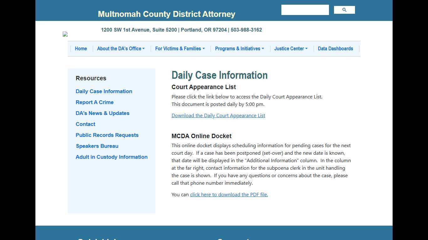 Daily Case Information Multnomah County District Attorney